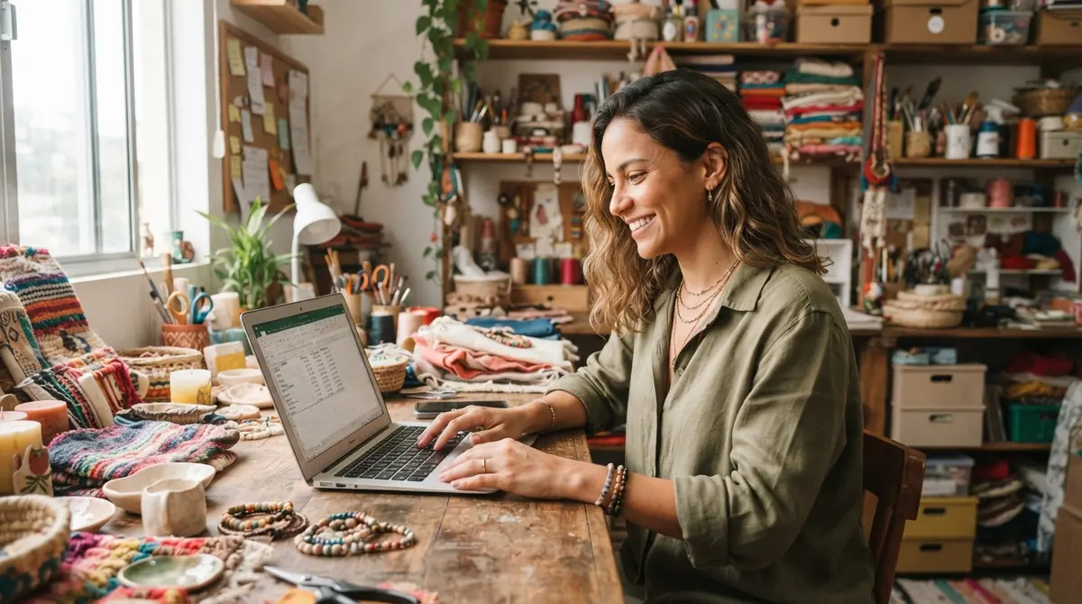 Empreendedora parda preenchendo o relatório mensal de receitas no notebook, na bancada do ateliê