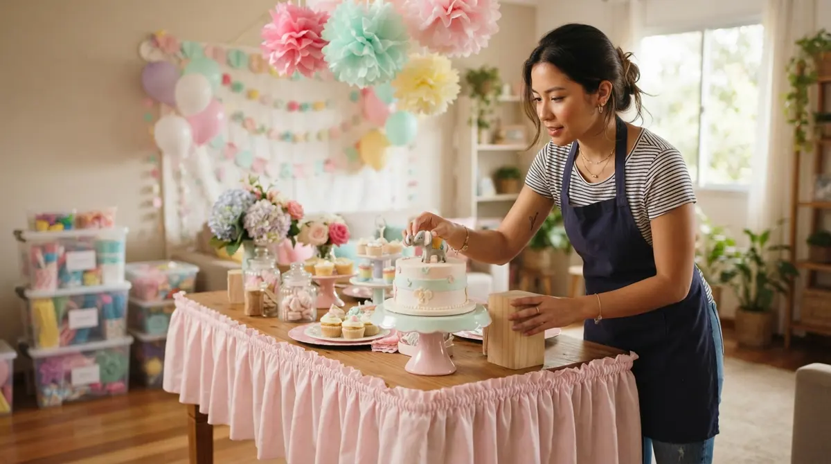 Decoradora asiática-brasileira organizando peças de decoração e a mesa do bolo antes da festa