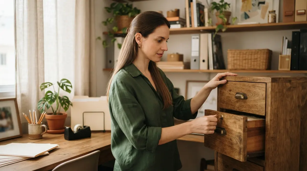 Empreendedora branca guardando fichas de atendimento de clientes em uma pasta dentro de um armário com chave