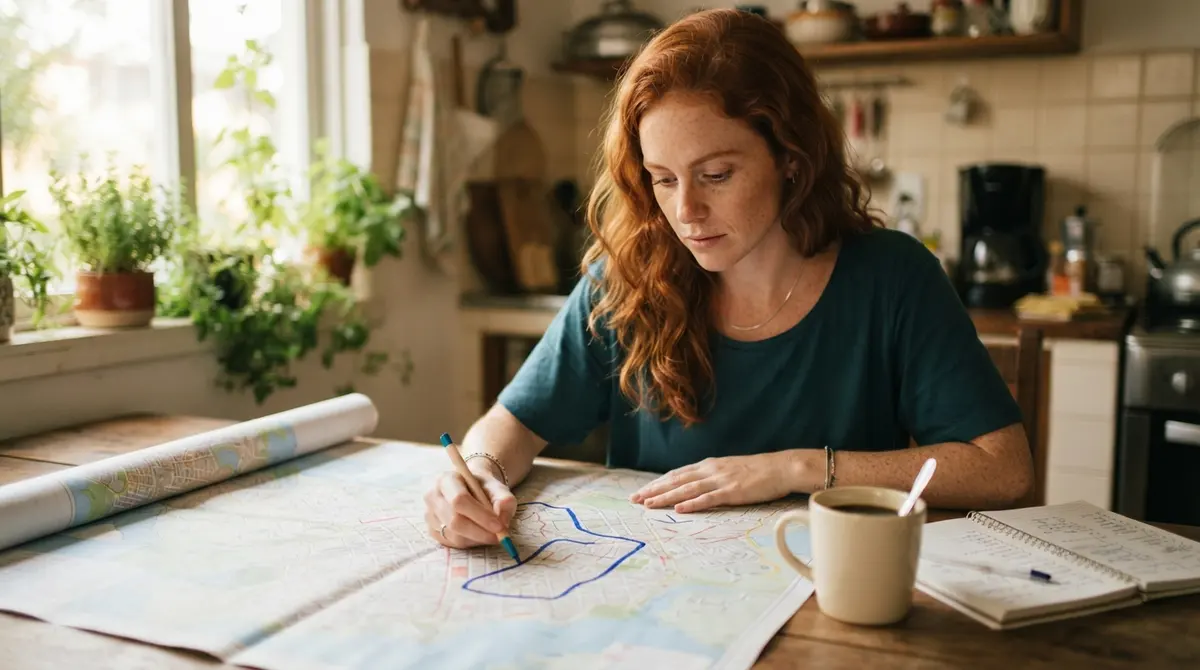 Empreendedora ruiva marcando no mapa de papel os bairros da cidade onde faz atendimentos em domicílio