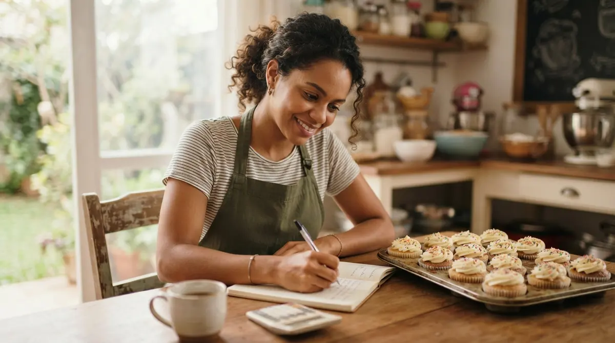 Empreendedora parda anotando as vendas do mês num caderno ao lado da calculadora, na mesa da cozinha