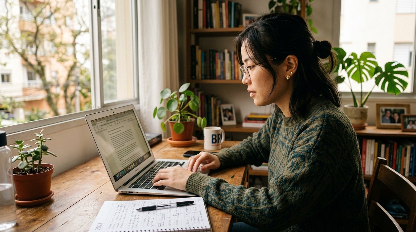 Empreendedora asiática-brasileira conferindo pendências da Receita Federal no notebook