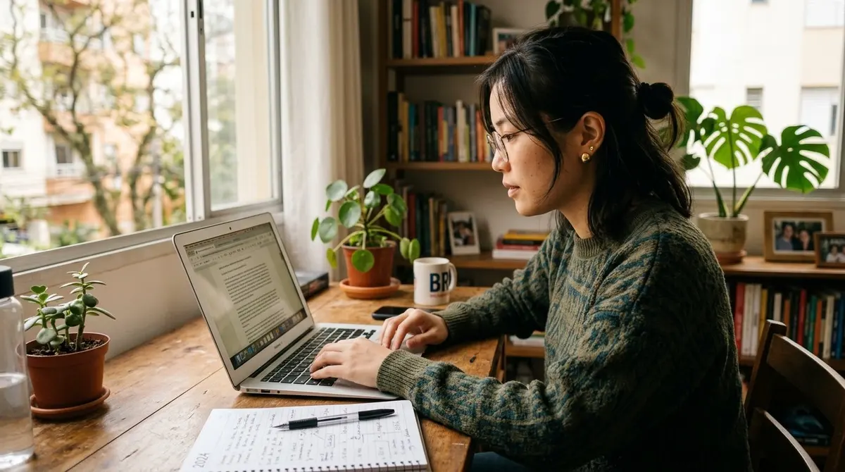 Empreendedora asiática-brasileira conferindo pendências da Receita Federal no notebook