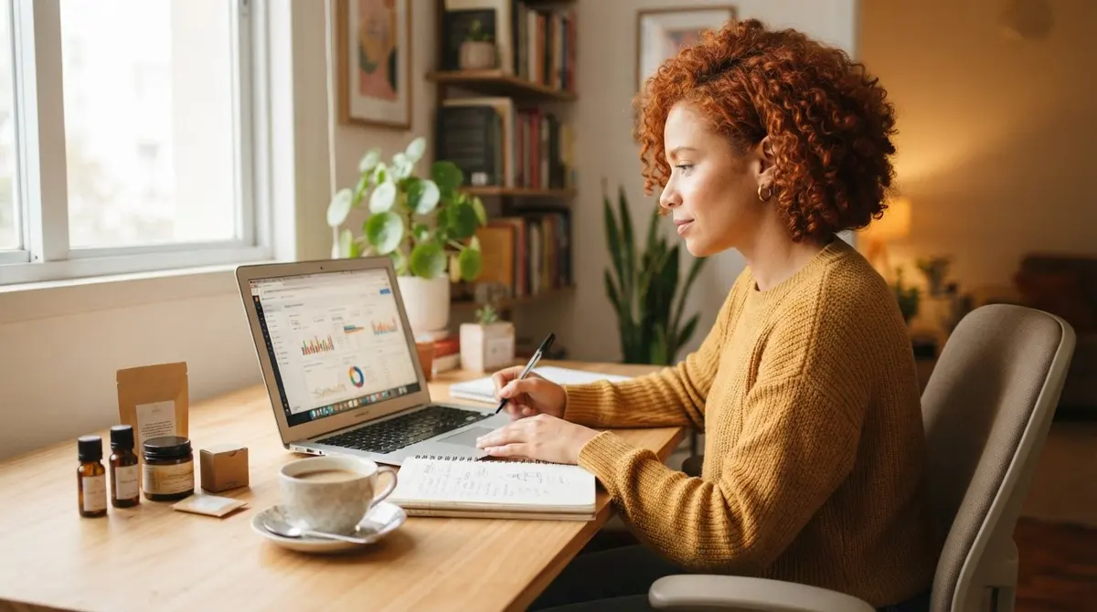 Empreendedora ruiva analisando o painel de vendas no notebook, com produtos na mesa, vendendo pelo TikTok Shop