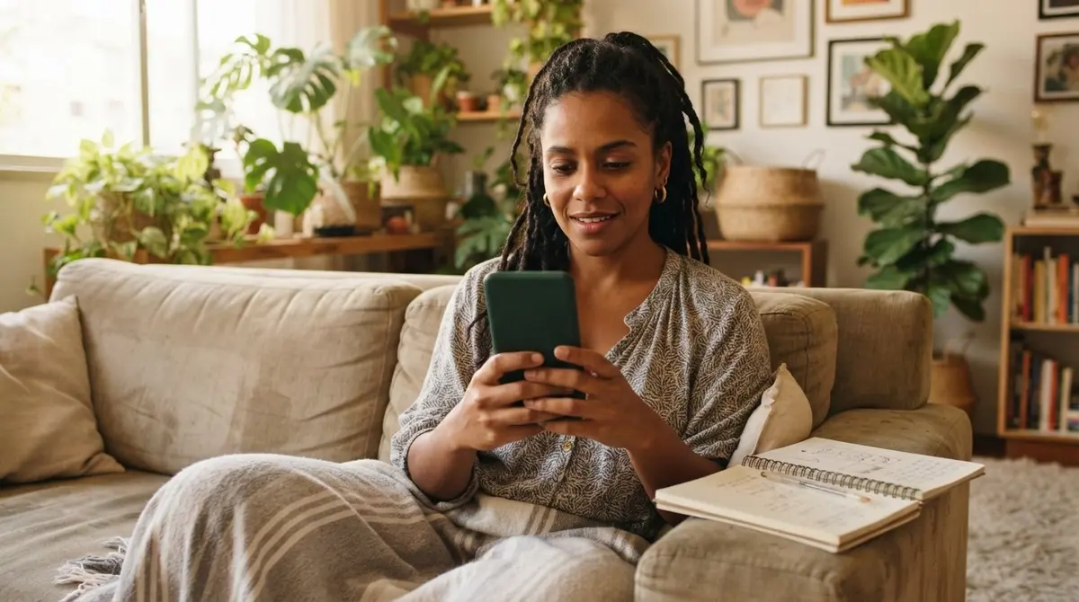 Mulher negra conferindo no celular os tipos de cobertura de um seguro de vida