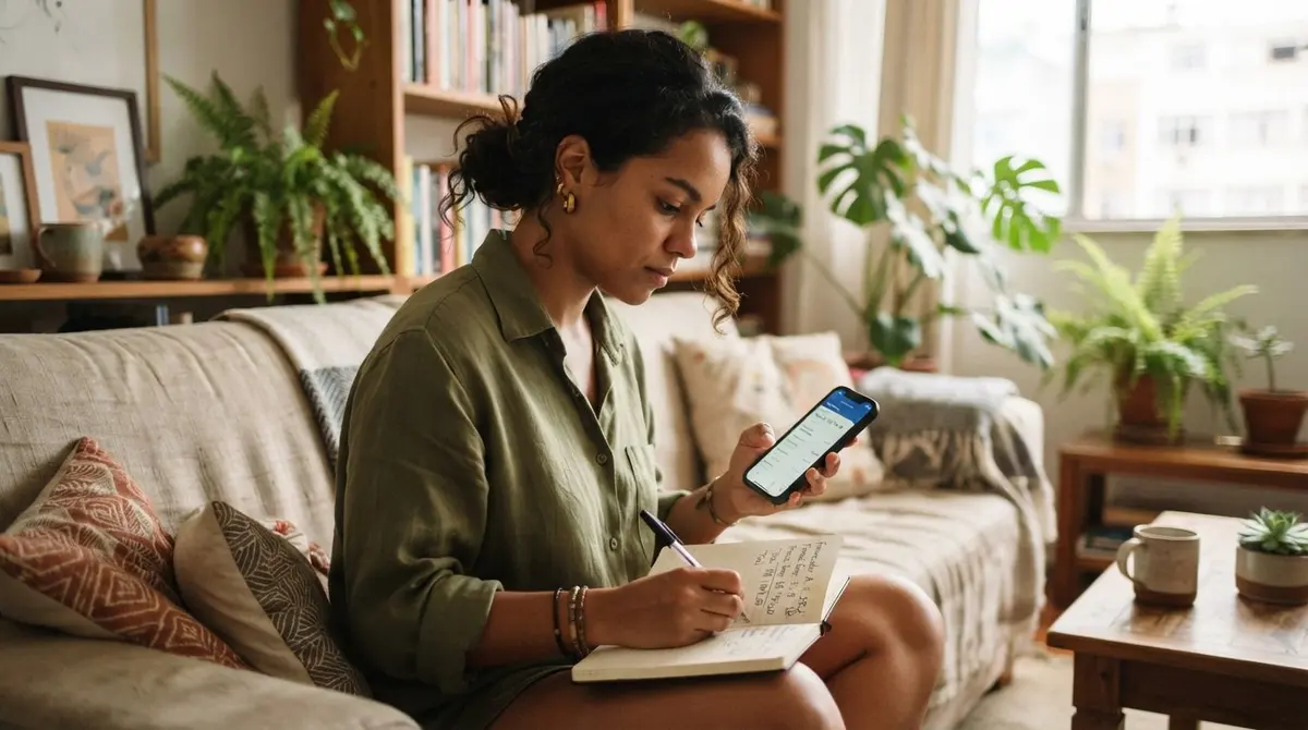 Empreendedora parda conferindo no celular o valor das parcelas do DAS corrigidas pela Selic