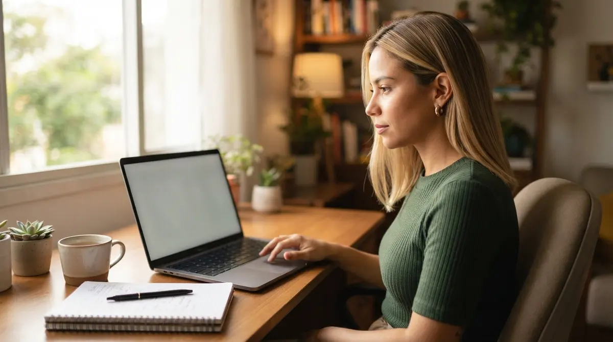 Empreendedora loira com traços latinos conferindo o extrato de débitos no computador