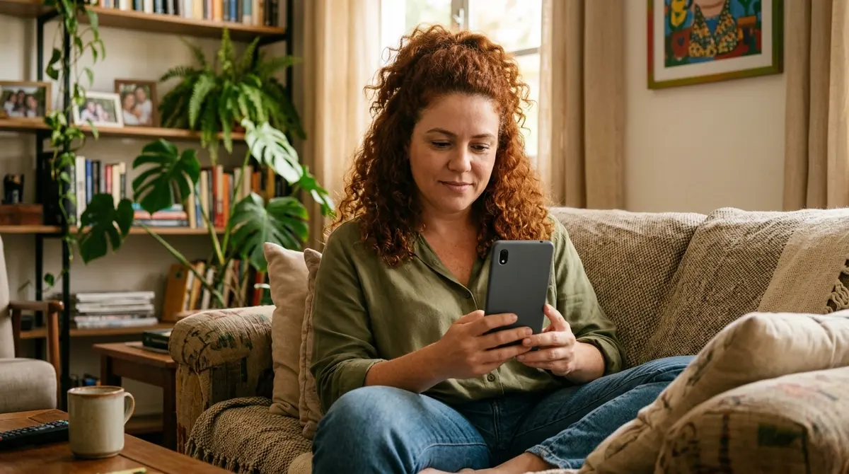 Empreendedora ruiva conferindo no celular o andamento de um pedido pelo aplicativo Meu INSS