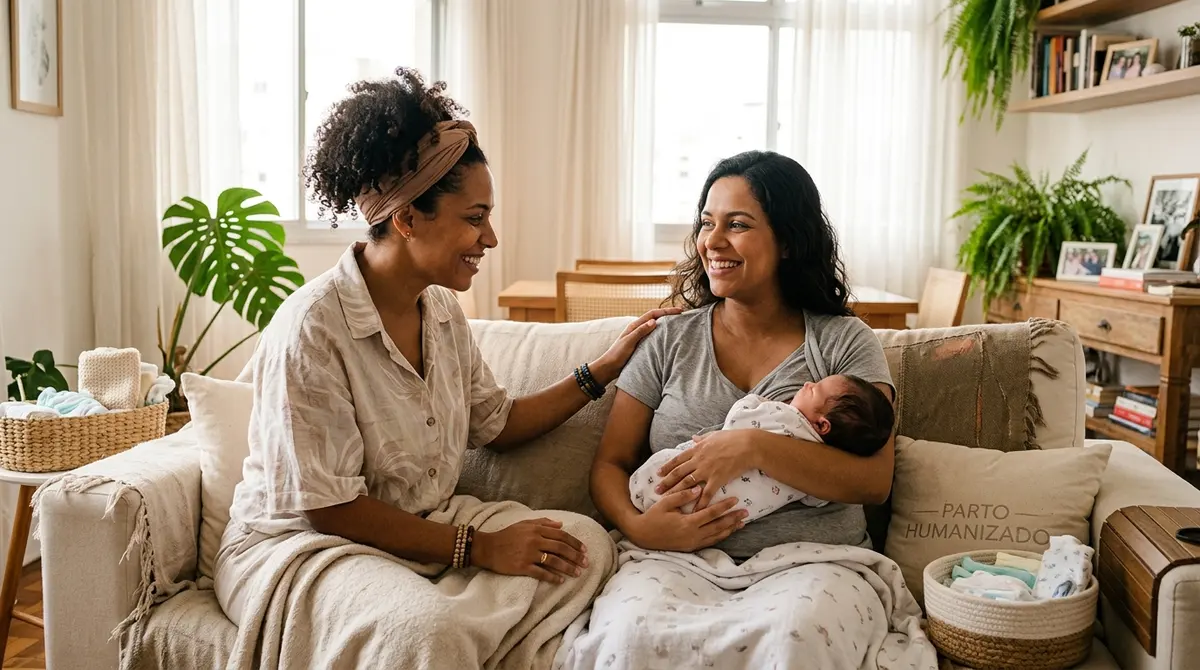 Doula parda apoiando mãe com o bebê no colo durante o pós-parto