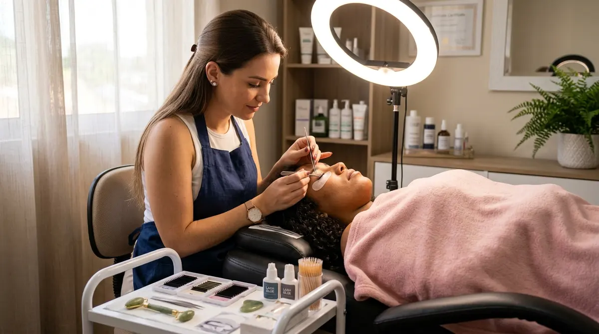 Lash designer asiática-brasileira atendendo cliente em espaço montado dentro de casa