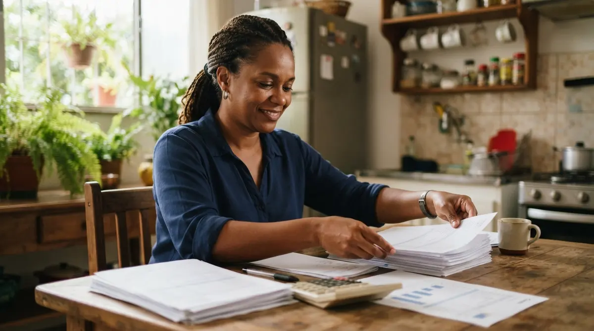 Empreendedora negra organizando extratos bancários e o relatório de faturamento do MEI na mesa da cozinha