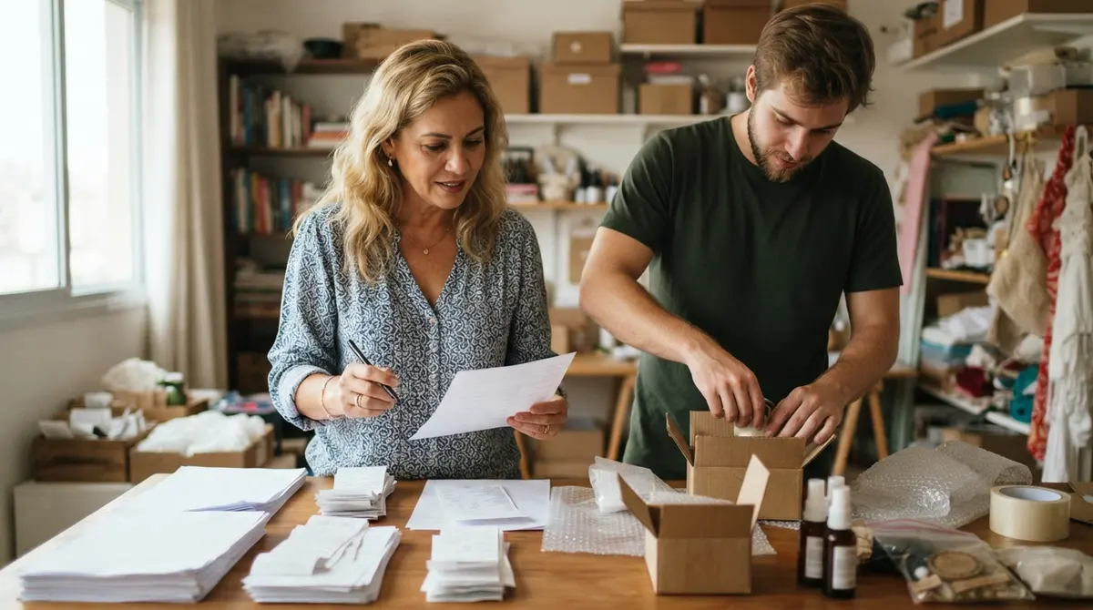 Jovem empreendedor com MEI organizando notas e recibos enquanto a mãe confere os números ao lado