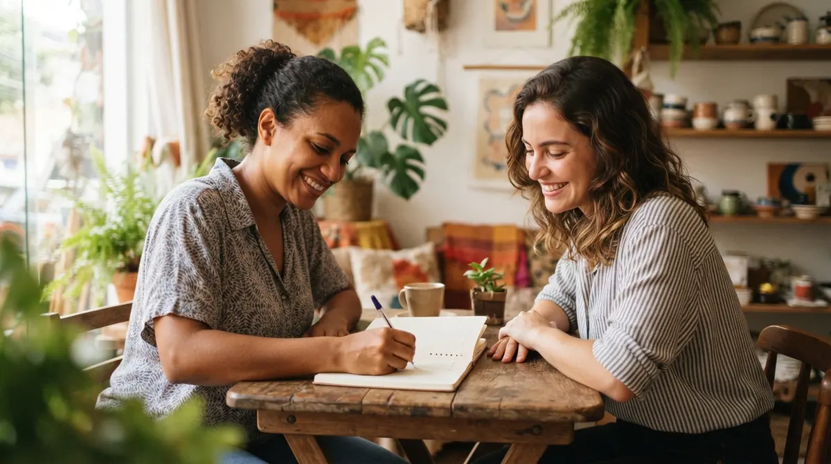 Empreendedora parda conversando com uma cliente enquanto confere o cadastro dela em um caderno