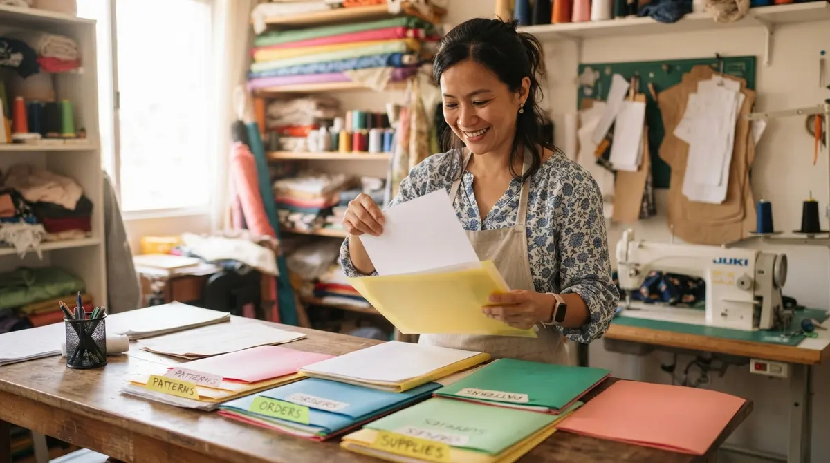 Empreendedora asiática organizando as notas fiscais do ano em pastas na mesa do ateliê