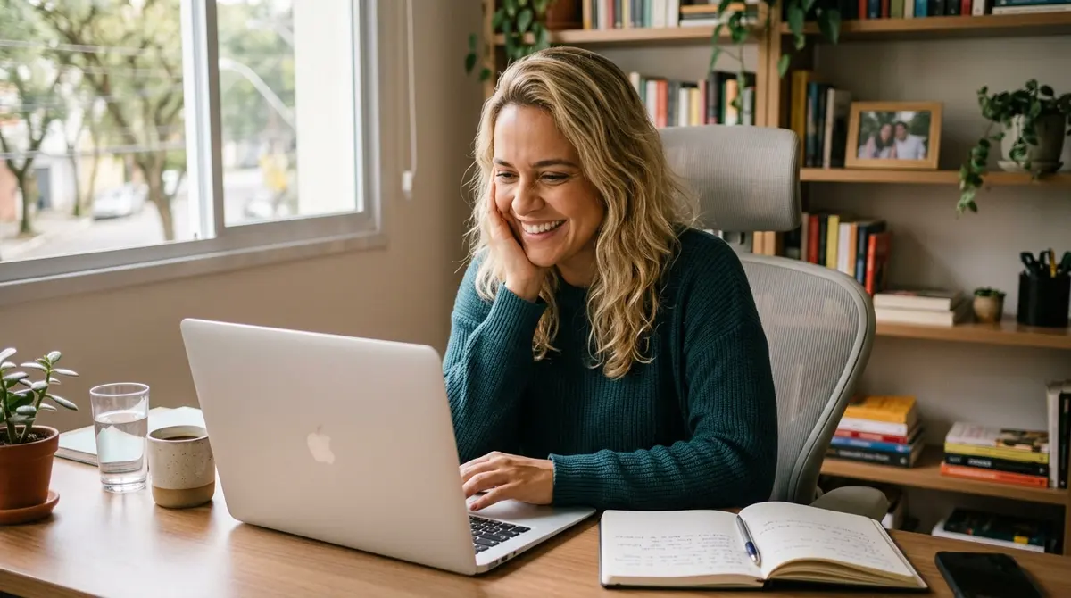 Empreendedora loira sorrindo ao notebook em home office, entendendo o cnpj alfanumérico vai mudar meu cnpj