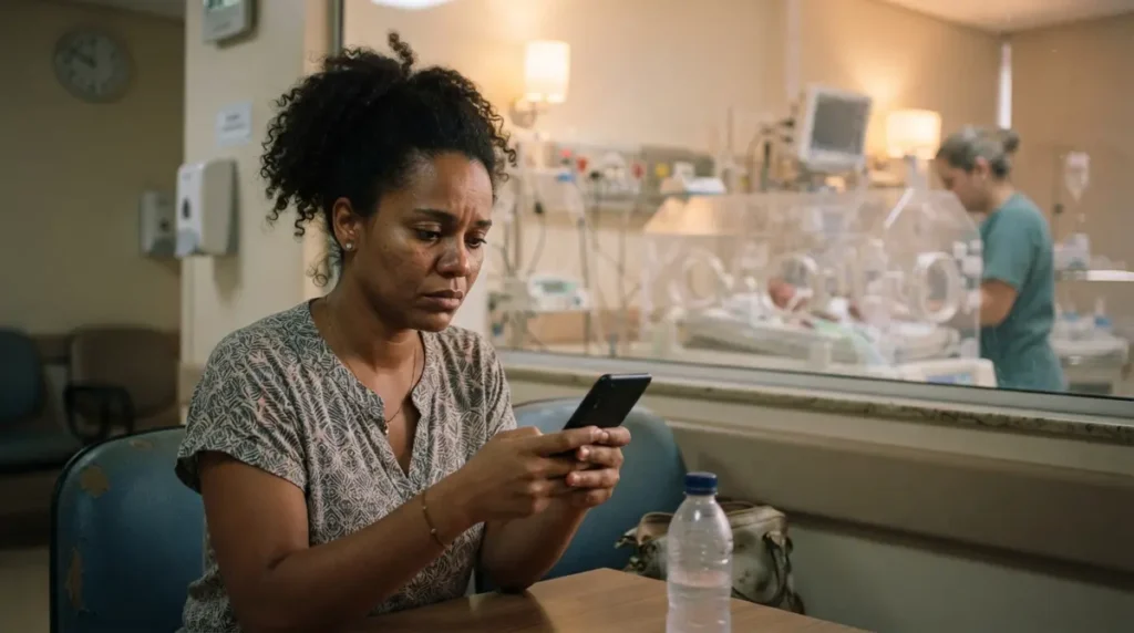 Mãe MEI negra ao lado da incubadora pesquisando no celular sobre salário-maternidade MEI parto prematuro