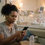Mãe MEI negra ao lado da incubadora pesquisando no celular sobre salário-maternidade MEI parto prematuro