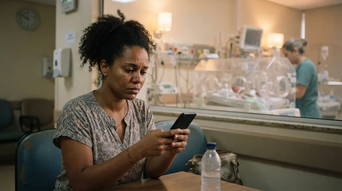 Mãe MEI negra ao lado da incubadora pesquisando no celular sobre salário-maternidade MEI parto prematuro