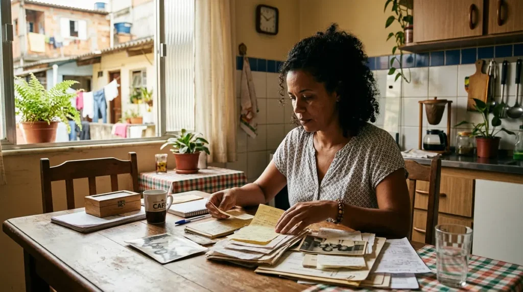 Empreendedora parda reunindo documentos para saber se tempo sem carteira assinada conta pra aposentadoria
