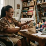MEI com deficiência tem aposentadoria diferenciada: empreendedora negra em cadeira de rodas trabalha em seu ateliê