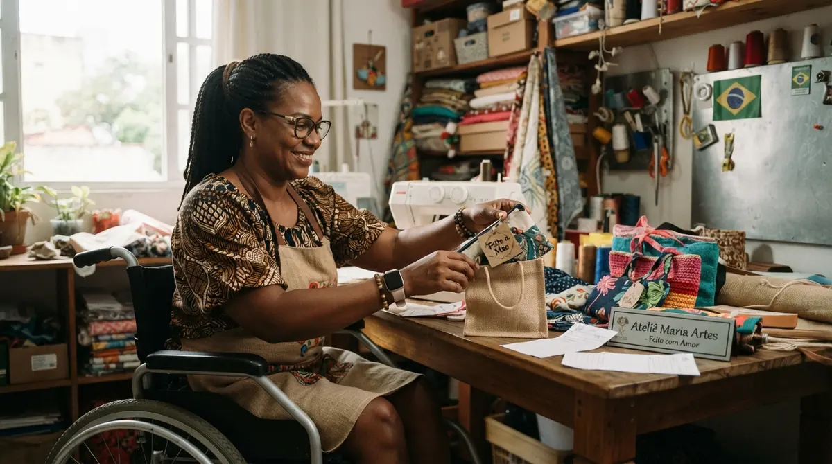 MEI com deficiência tem aposentadoria diferenciada: empreendedora negra em cadeira de rodas trabalha em seu ateliê