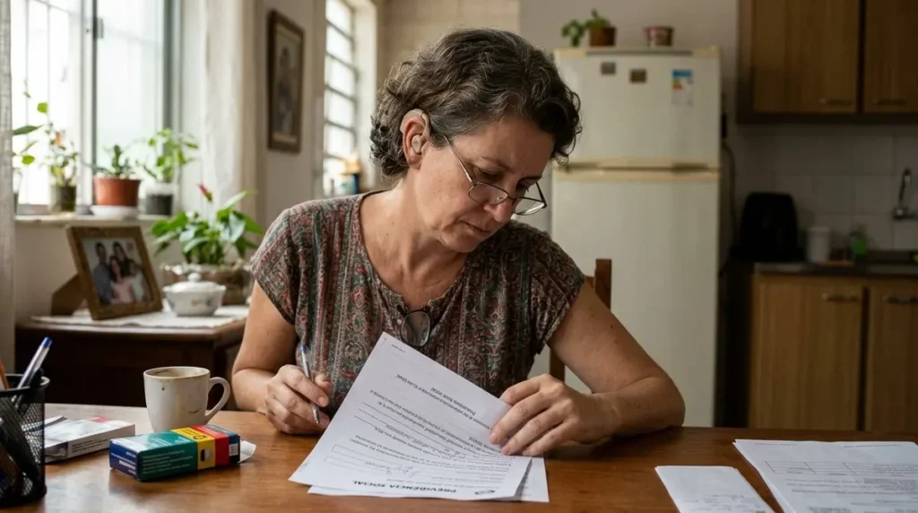 Mulher com aparelho auditivo à mesa, concentrada, lendo um papel com anotações sobre o BPC