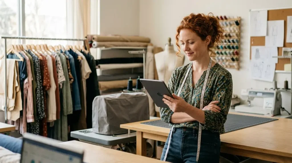 Empreendedora ruiva no ateliê de costura conferindo o faturamento no tablet, com arara de roupas ao fundo