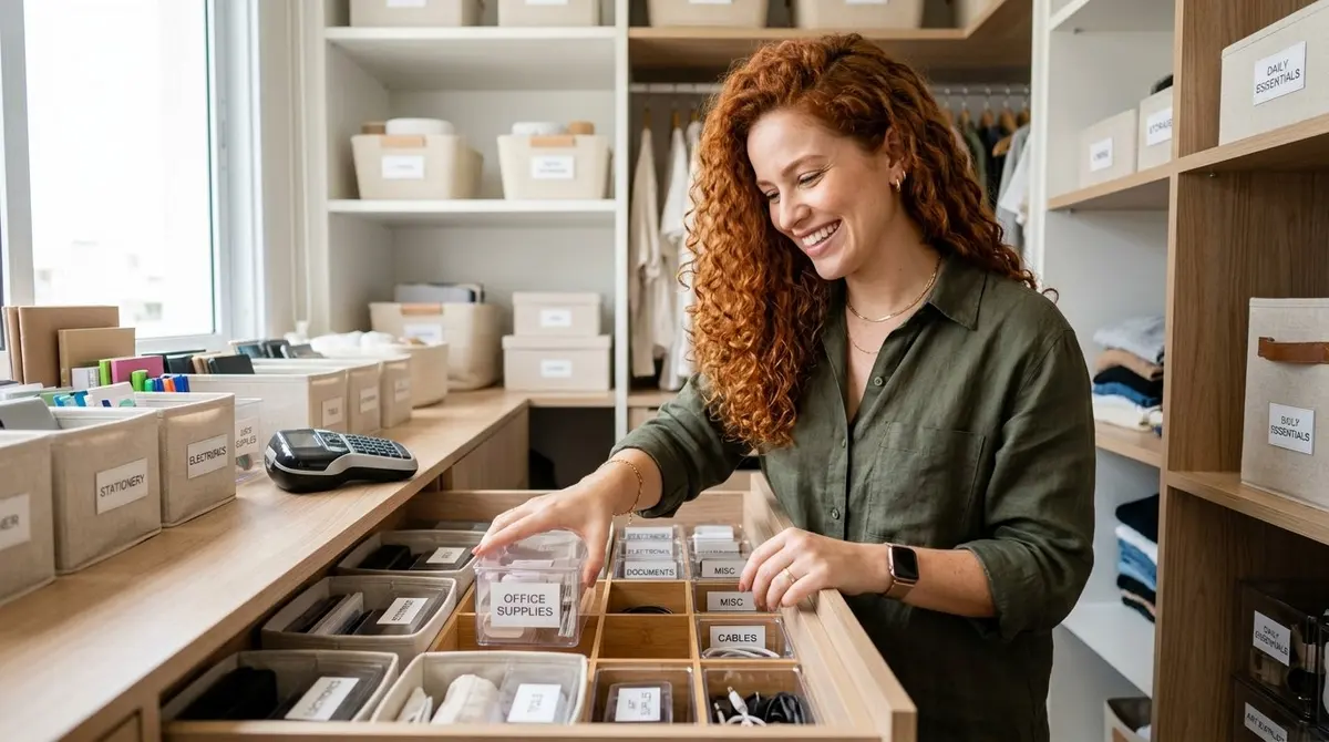 Personal organizer MEI sorrindo em ambiente organizado e profissional