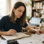 Empreendedora branca de cabelos lisos organizando notas fiscais em casa, avaliando se MEI precisa de contador