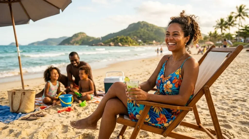 Empreendedora parda sorrindo em cadeira de praia com a família ao fundo, aproveitando férias sem fechar o MEI