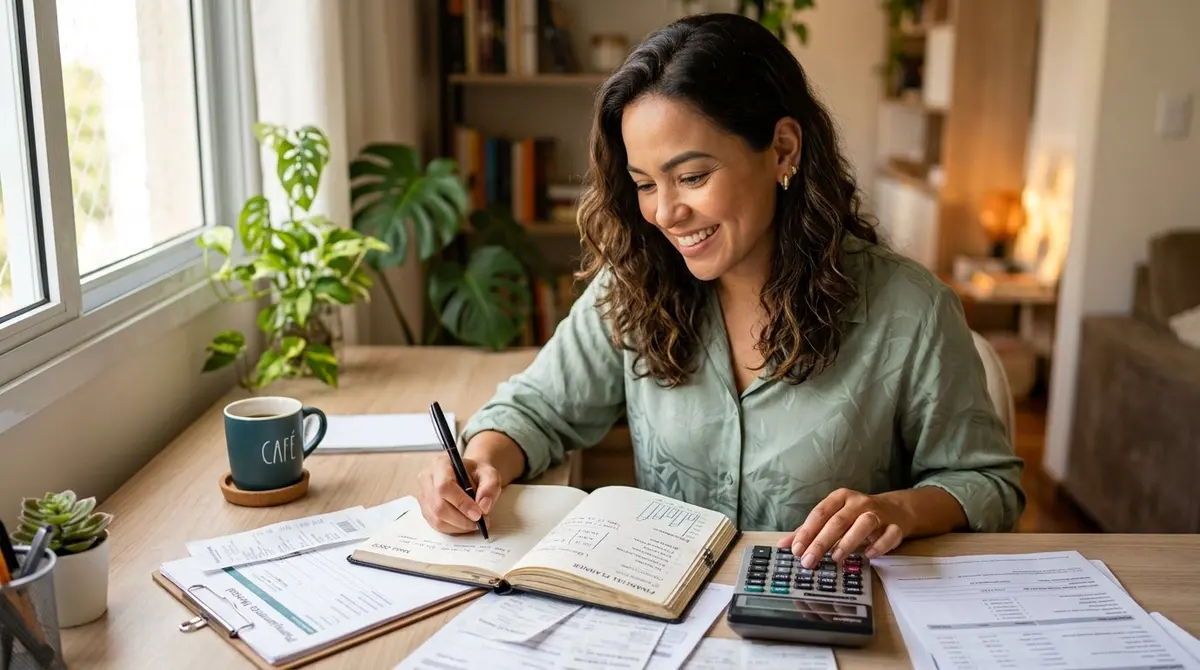Empreendedora parda sorrindo ao anotar o planejamento financeiro no caderno, com calculadora e boletos na mesa
