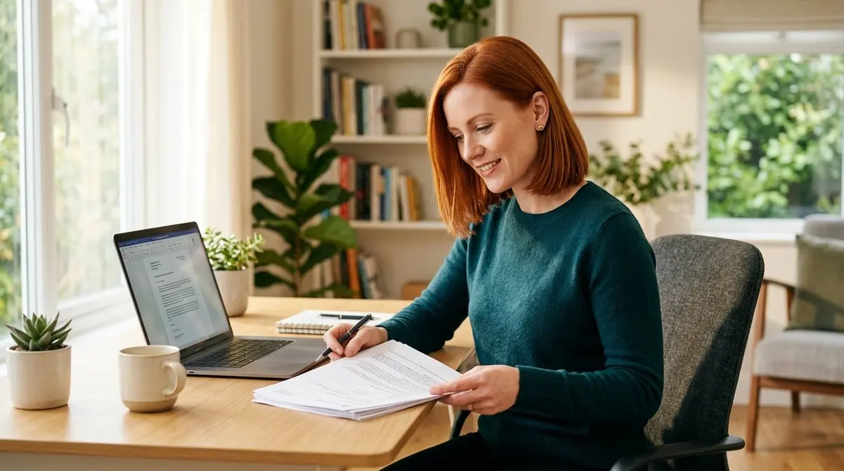 Empreendedora ruiva consultando documentos de licitação pública no computador