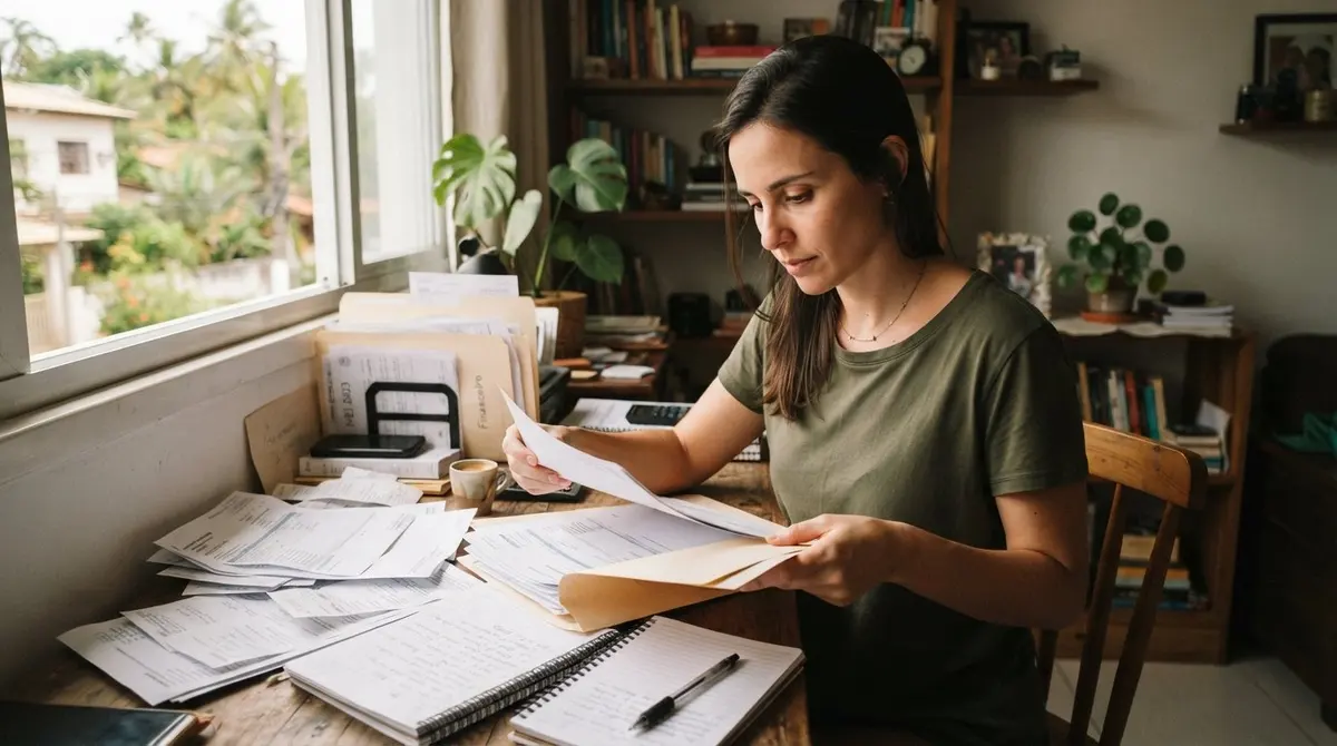 Empreendedora branca organizando documentos para entender como a MEI comprova renda sem holerite