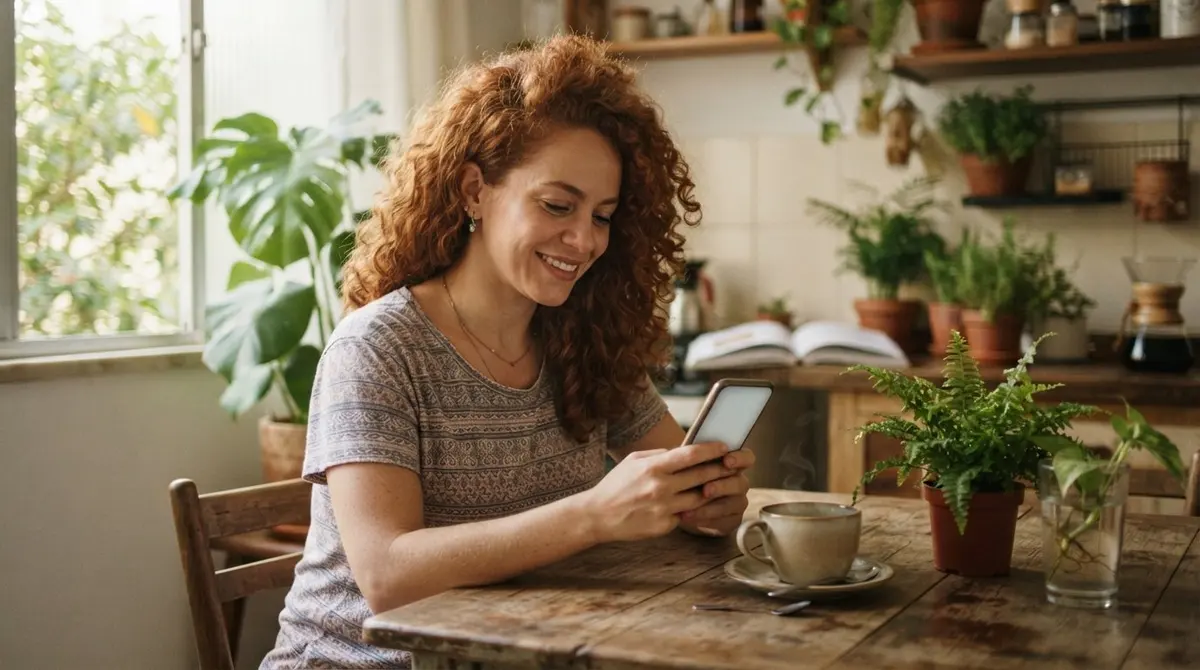 Empreendedora ruiva descobrindo como sei se devo à Receita Federal sendo MEI, pelo celular