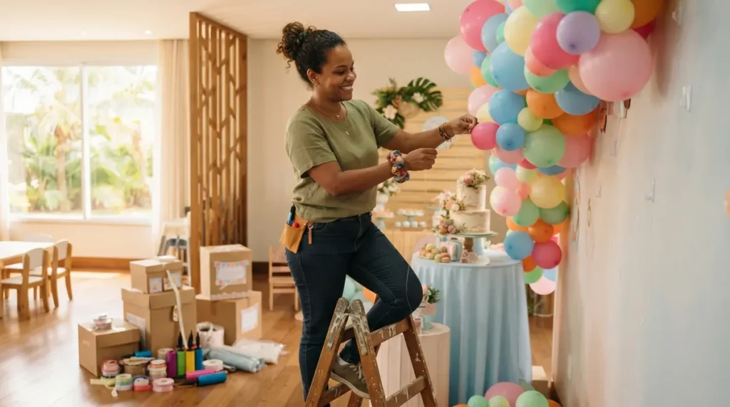 Decoradora de festas infantis pode ser MEI: mulher parda montando arco de balões coloridos em salão de festa