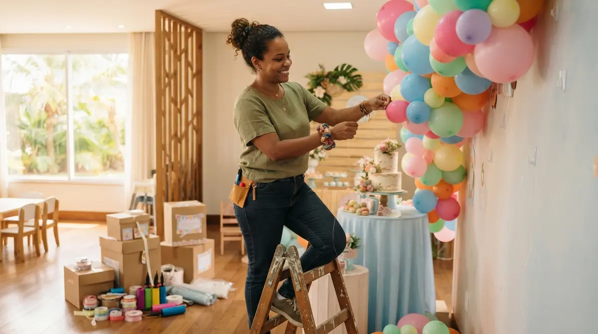Decoradora de festas infantis pode ser MEI: mulher parda montando arco de balões coloridos em salão de festa