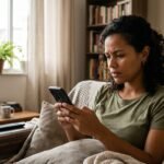 Empreendedora parda consultando pelo celular a situação cadastral do MEI