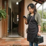 MEI no Google Maps sem mostrar endereço: manicure asiática conferindo a agenda no celular antes de sair para atender