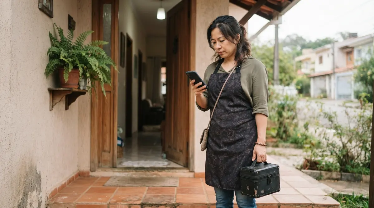 MEI no Google Maps sem mostrar endereço: manicure asiática conferindo a agenda no celular antes de sair para atender