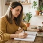 Empreendedora branca de cabelos castanhos conferindo o limite proporcional do MEI no caderno de vendas, em casa