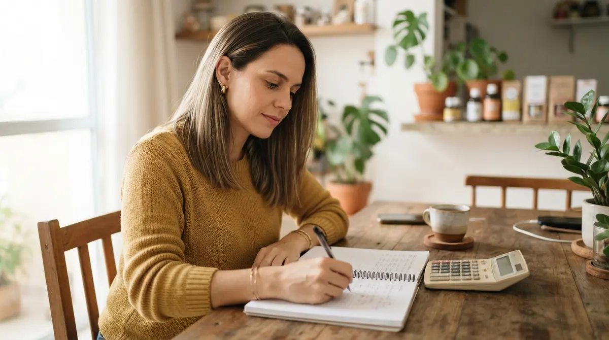 Empreendedora branca de cabelos castanhos conferindo o limite proporcional do MEI no caderno de vendas, em casa