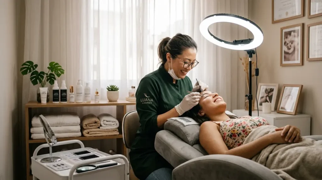 Lash designer pode ser MEI: mulher branca de cabelos castanhos aplicando extensão de cílios em cliente