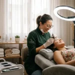 Lash designer pode ser MEI: mulher branca de cabelos castanhos aplicando extensão de cílios em cliente