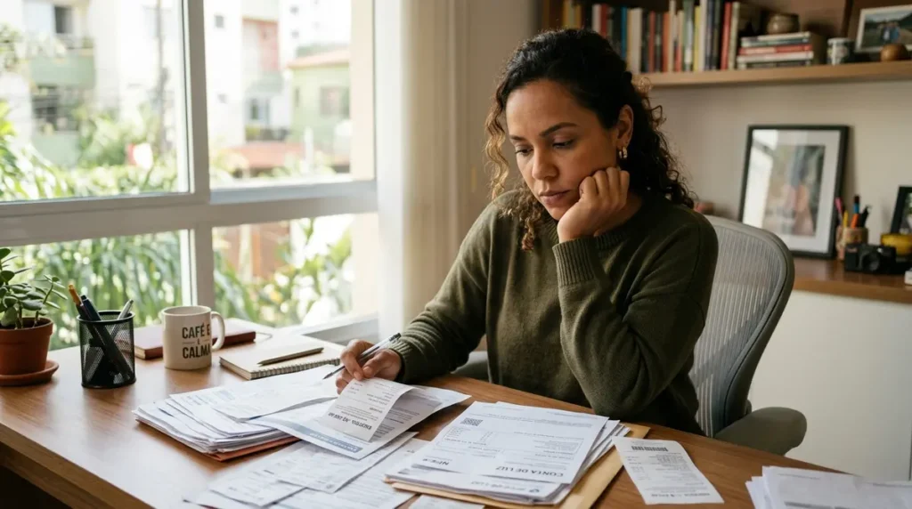 Empreendedora parda pensativa organizando papéis em casa pensando em cliente não pagou o que fazer