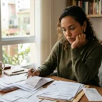 Empreendedora parda pensativa organizando papéis em casa pensando em cliente não pagou o que fazer