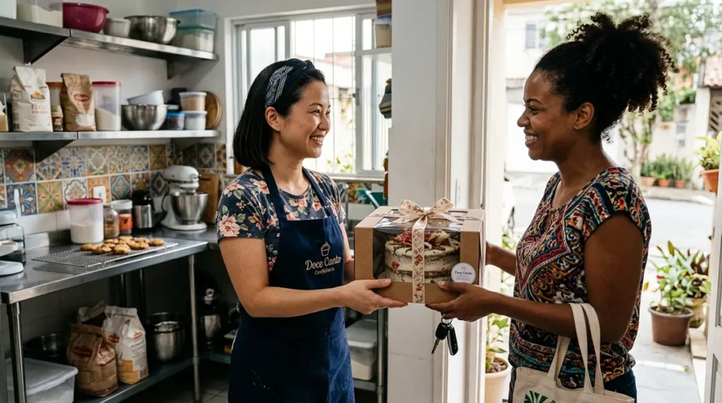 Confeiteira asiática-brasileira entregando bolo à cliente na cozinha, mei é obrigada a dar garantia de produto