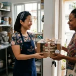 Confeiteira asiática-brasileira entregando bolo à cliente na cozinha, mei é obrigada a dar garantia de produto
