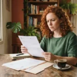 Empreendedora ruiva de cabelos encaracolados lendo intimação em casa, dúvida se mei que atrasa pensão pode ser presa