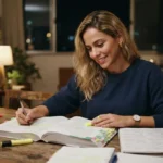 Mulher loira de traços latinos estudando para prova em casa, pesquisando se tempo de mei conta para concurso público