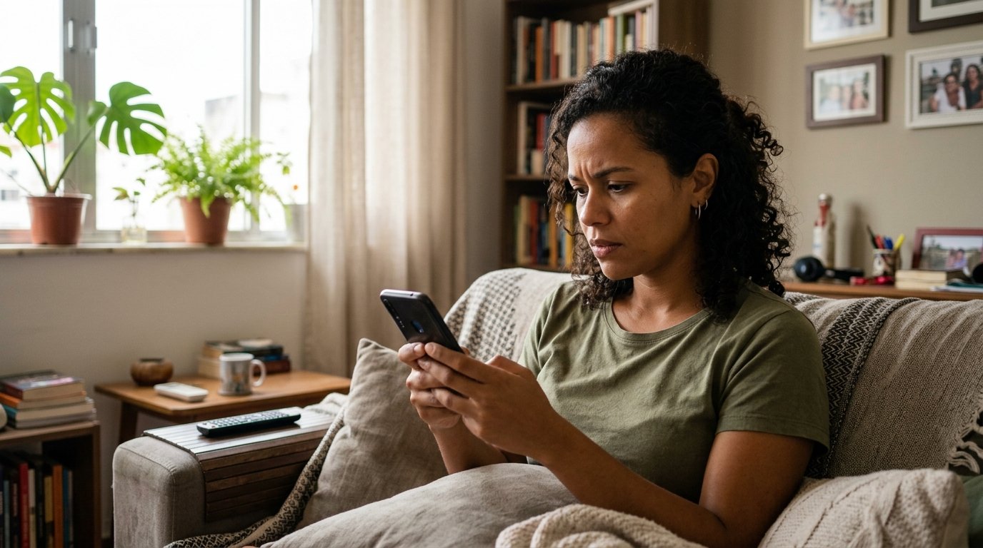 Empreendedora parda consultando pelo celular a situação cadastral do MEI